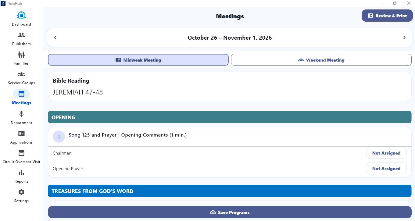 Meeting planner showing the selected week, midweek and weekend tabs, chairman and opening prayer assignment buttons, and Review and Print.