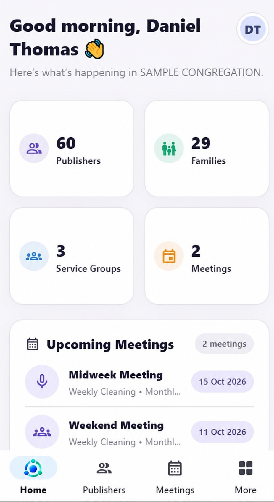Mobile dashboard for sample user Daniel Thomas with congregation totals, upcoming meetings and bottom navigation.